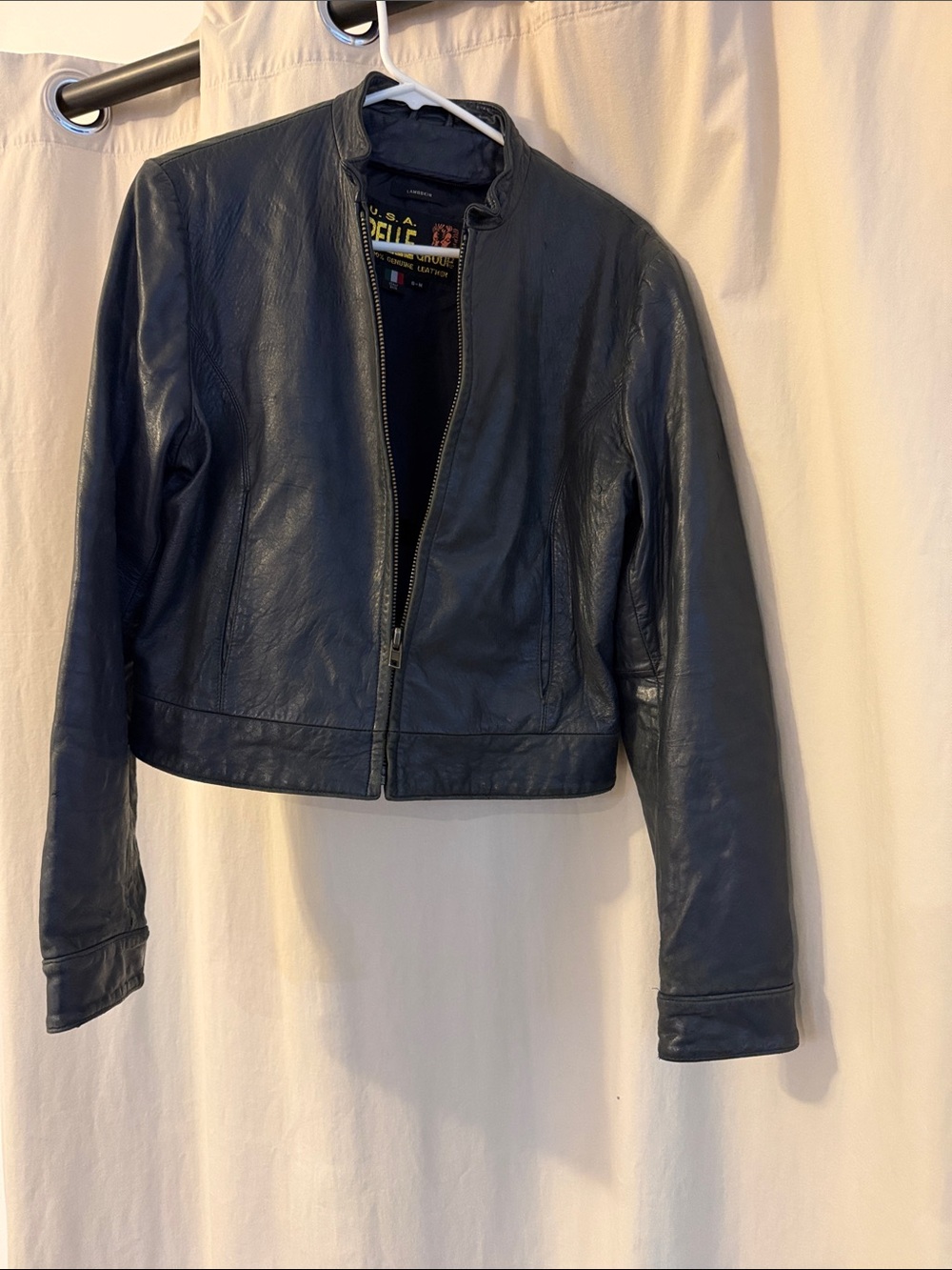 Unisex Vintage Navy Leather Zip-Up Motorcycle Jacket